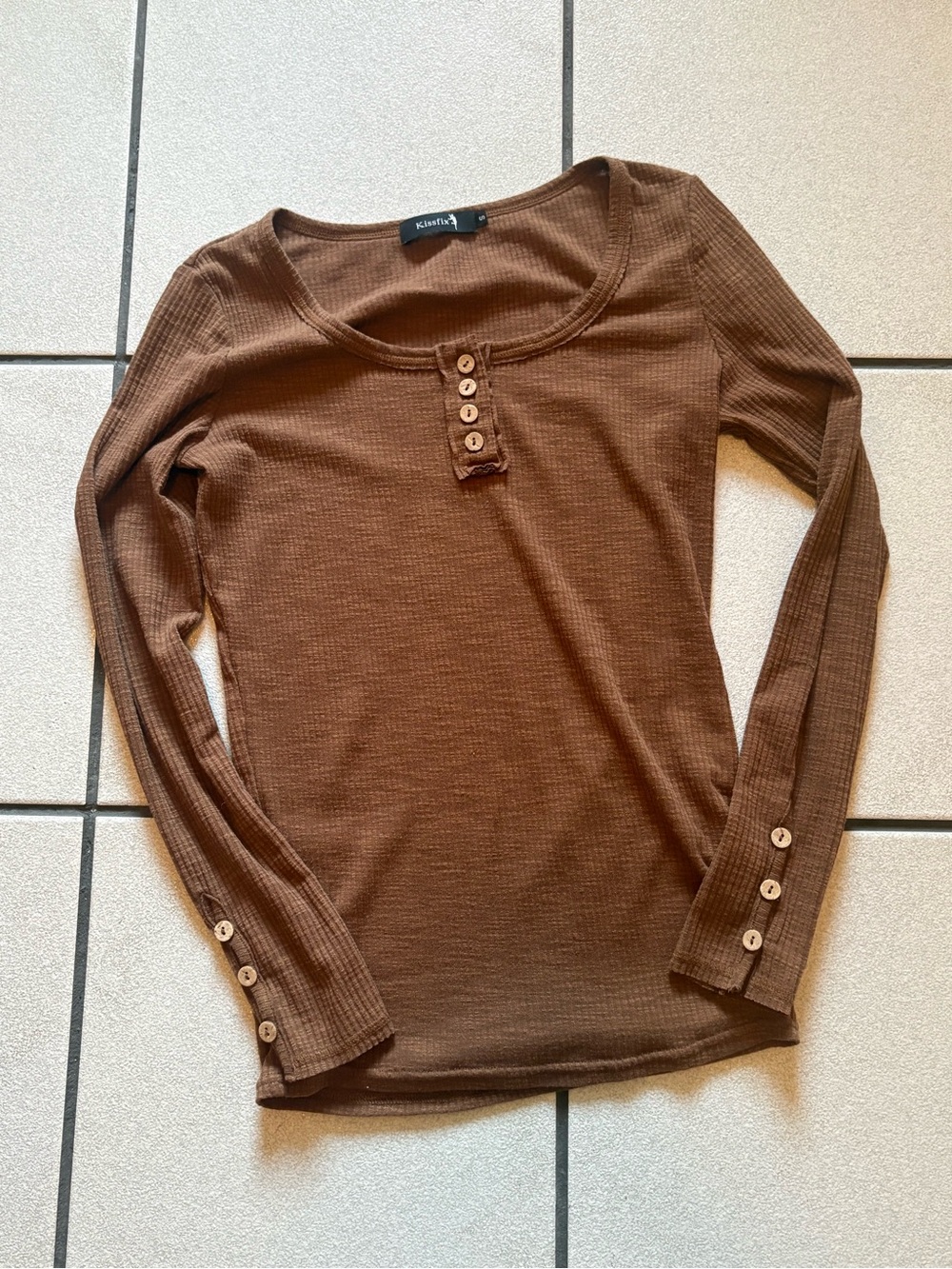 Kissfix Brown Ribbed Scoop Neck Henley Long Sleeve Top Size Small